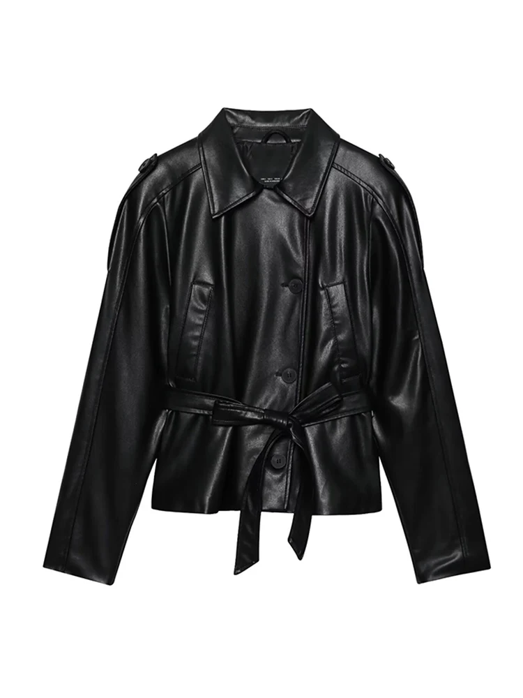 Women's Faux Leather Short Jacket Coat New Fall 2025 Solid Long-Sleeved Pu Leather Jacket With Pocket Vintage Belt Casual Jacket