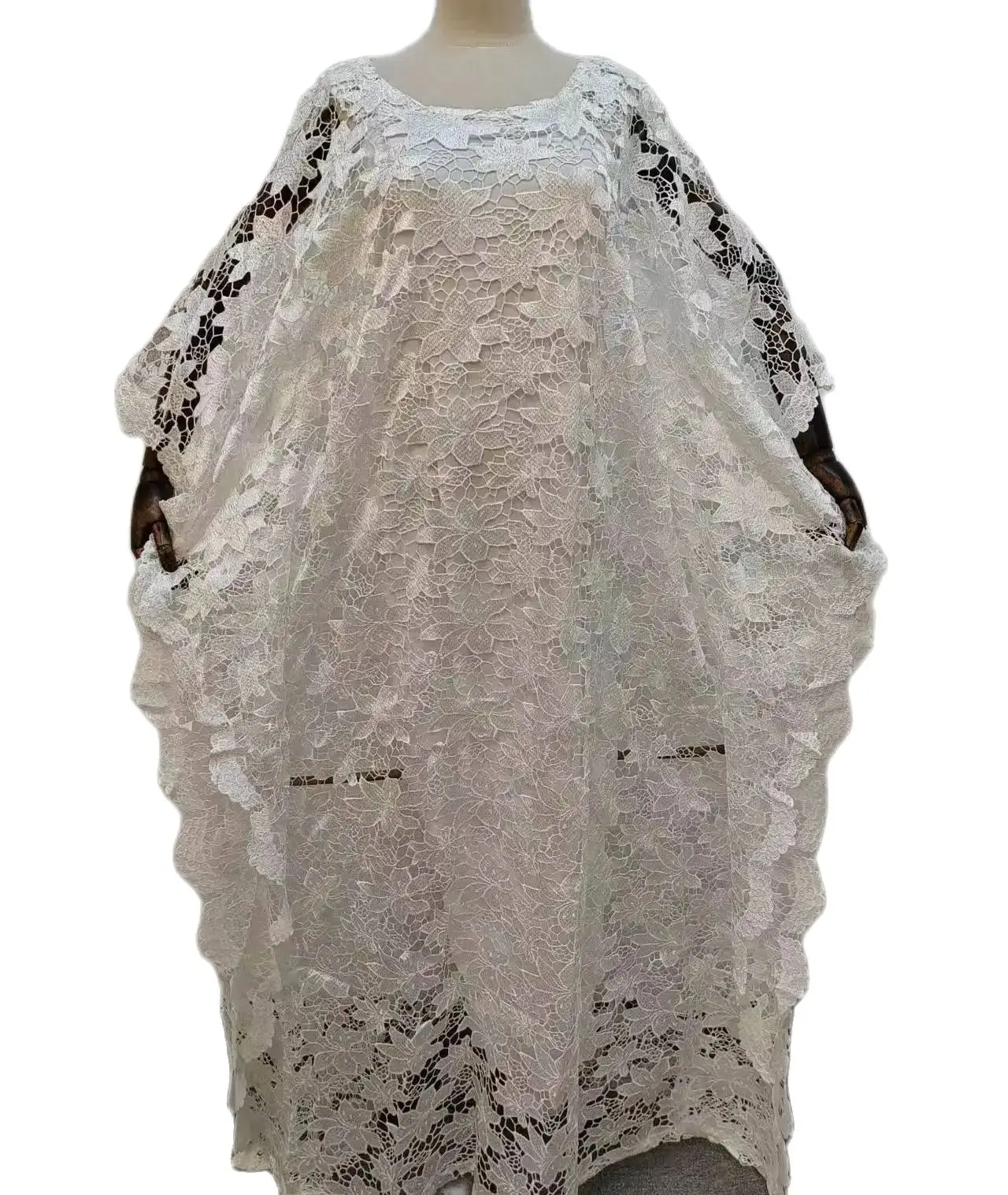 MAMADA L7621 African Women Clothing Dashiki Abaya Stylish White Lace Fabric Long Maxi Dresses + Inside Skirt Heavy Free Size