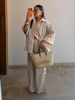Striped Long Pants Set Color Block Turn Down Collar Three Quarter Sleeve Shirt Wide Leg Bottoms 2026 Casual Chic Women Outfits