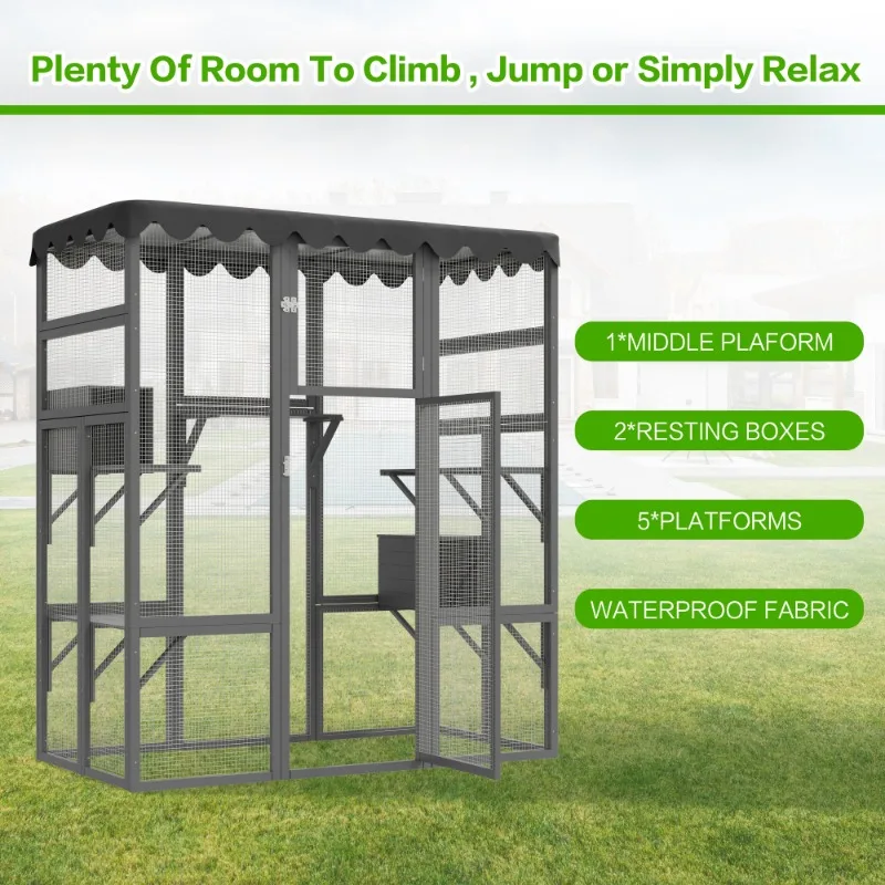 Outdoor Cat House Big Catio Wooden Feral Cat Shelter Enclosure Spacious Interior 6 High Ledges Weather Protection Asphalt Roof
