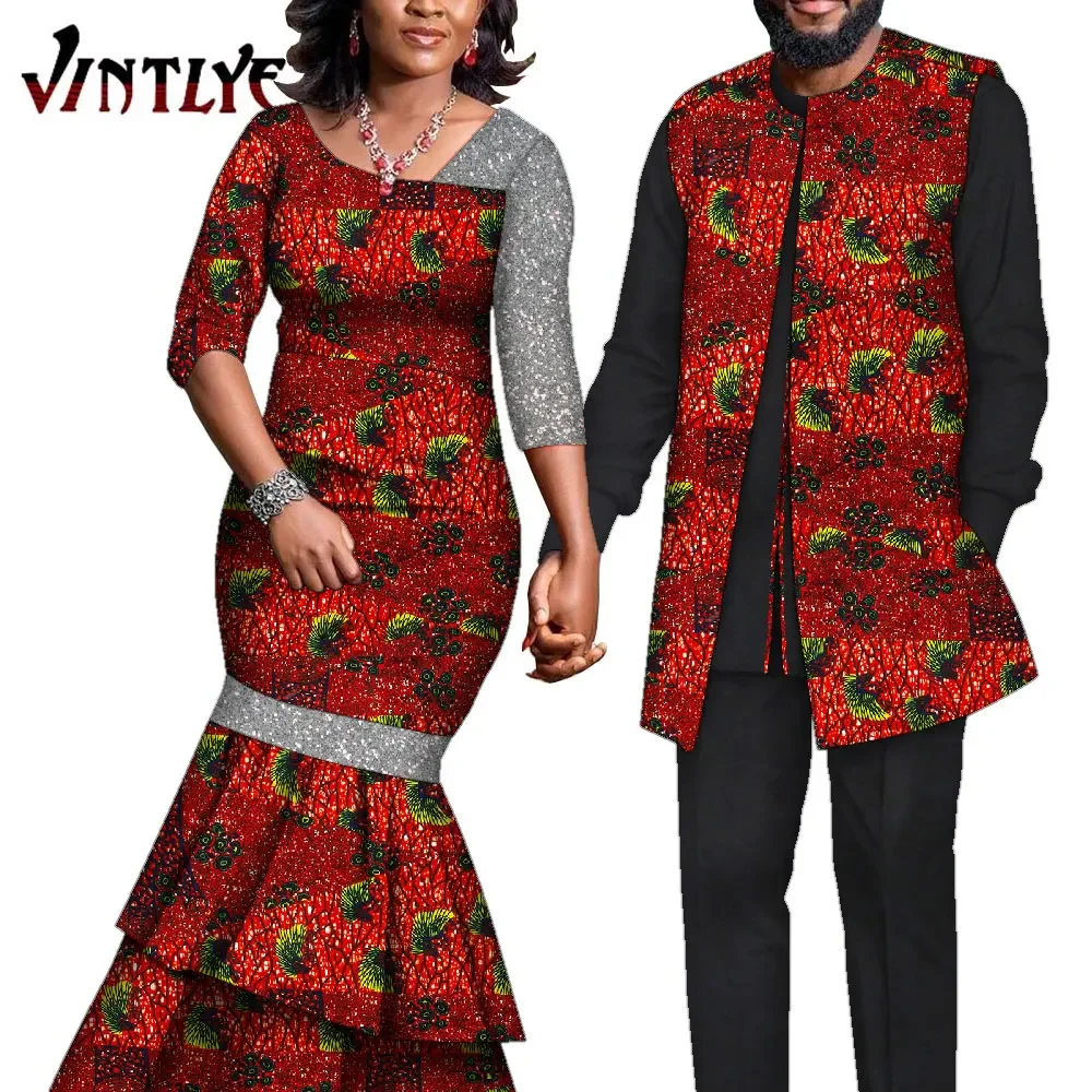 

African Clothes for Couple 2 Pcs Set Ankara Print Maxi Long Dressses and Men's Suit African Boubou Lover Outfit Wyq941
