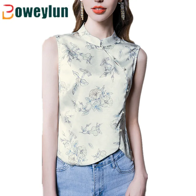 Boweylun New Chinese-Style Cheongsam Collar Printed Sleeveless T-shirt Tops Female Slim Irregular Pearl Button Vest Women