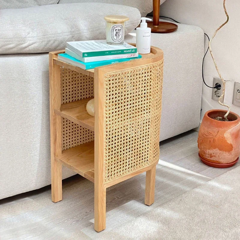 Japanese Bedside Table Rattan Woven Wood Bedroom Furniture Double-layer Structure Nightstand Table Versatile Scene Side