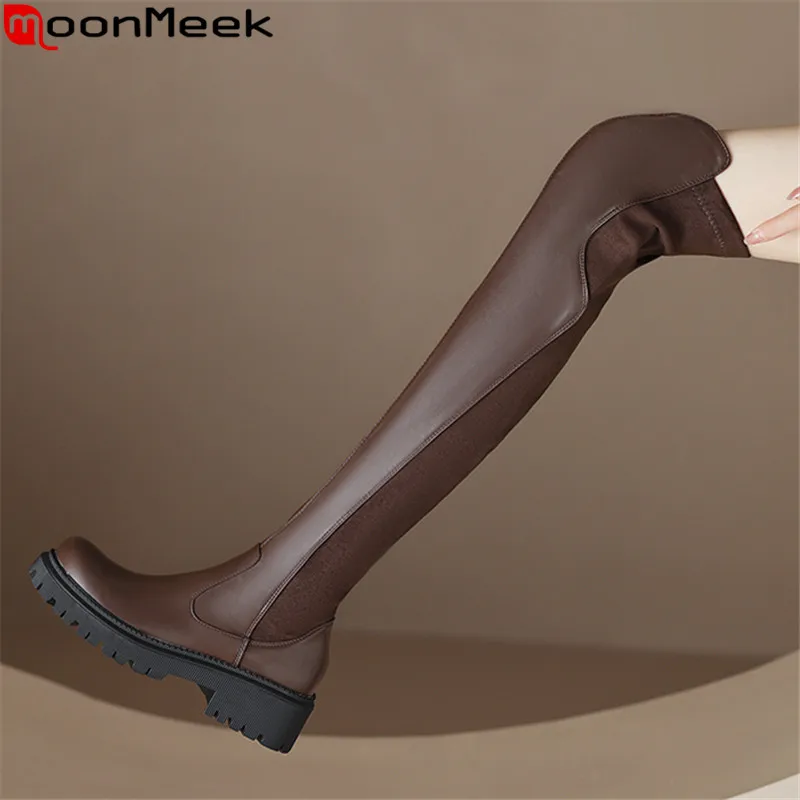 

MoonMeek 2023 New Size 33-43 Ladies Zipper Winter Boots Woman Synthetic Over The Knee Boots Square Med Heels Shoes