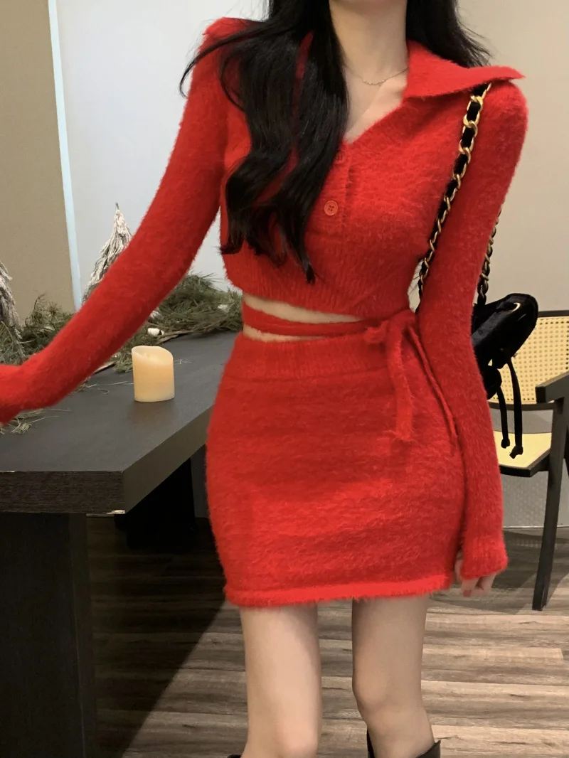 

Two Piece Set Women Korean Fashion Party Button Design Knited Sweater Skirt Suit Female Warm Bandage Sexy Slim Mini Skirt Set