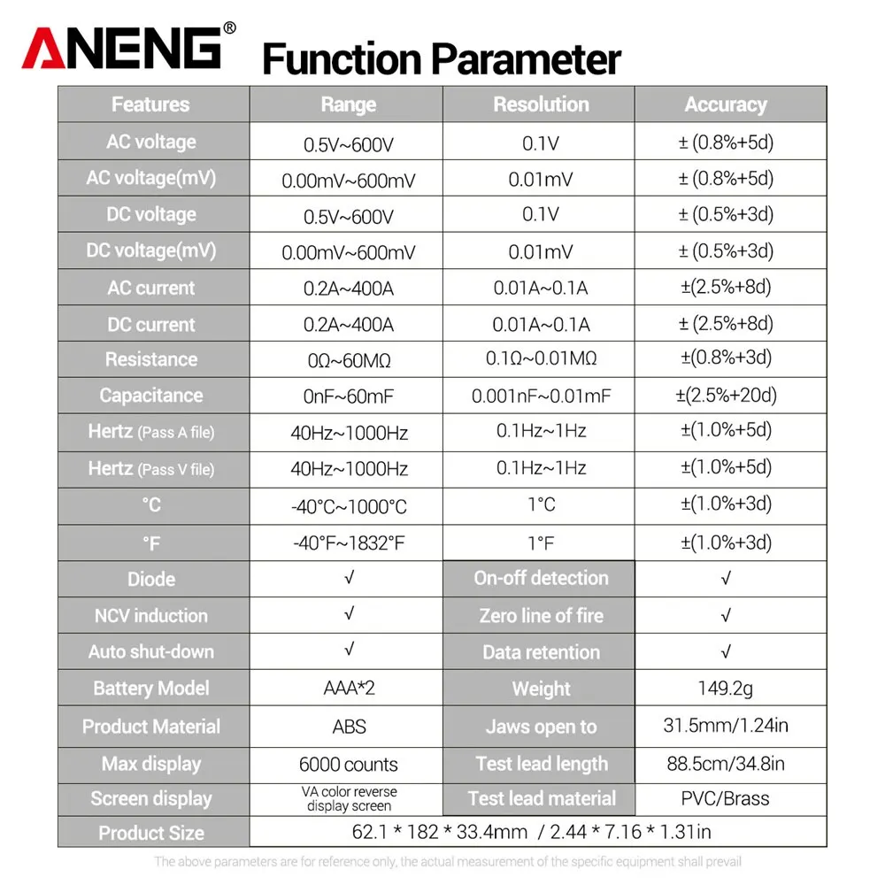 ANENG  Ŭ , 6000 īƮ, DC AC  400A  Ƽ,  ÷ ũ  ׽, ڵ Hz NCV , ST212