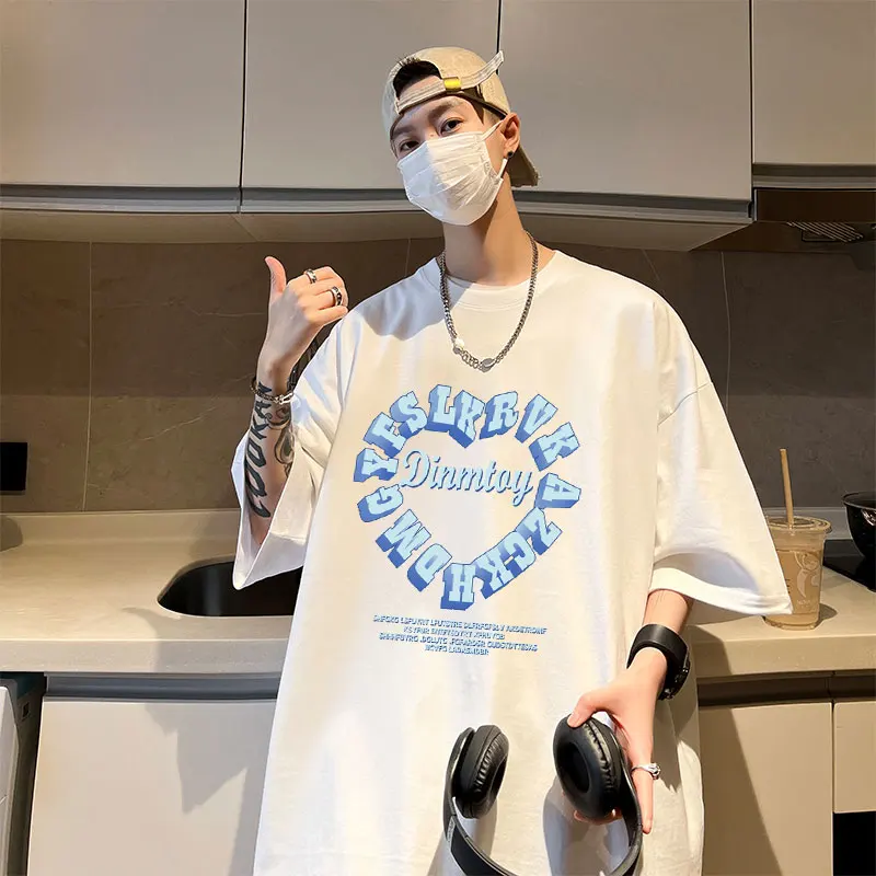

T-Shirt Small Neckline Men's Summer Pure Cotton Short Sleeve High Street Tide Brand Seven-Point Sleeve White