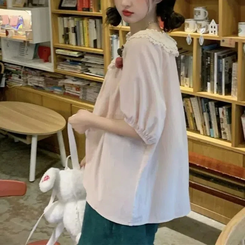 Sweet Japanese Lolita Summer 2024 New Patchwork Doll Neck Bow Fashion Solid Color Loose Minimalist Casual Short Sleeved Shirts