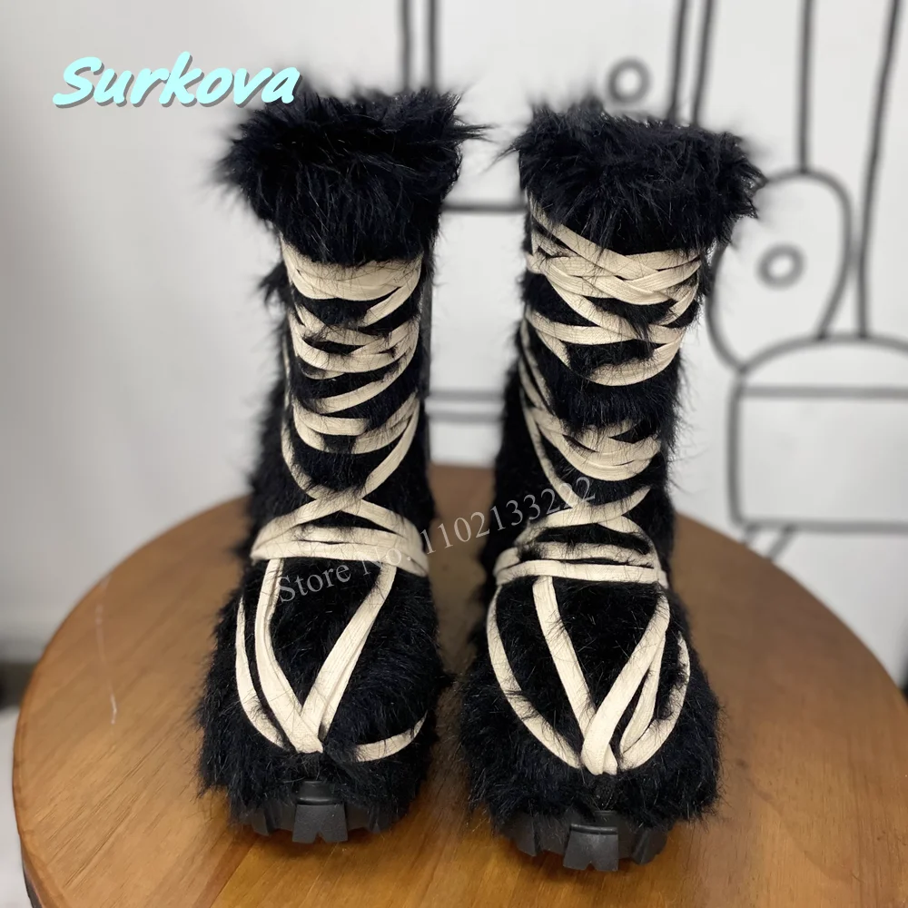 2024 Black Plush Thick Sole Snow Boots Round Toe Cross Strap Ankle Boots Winter Fashion Warm Dress Daily Women Shoes Newest