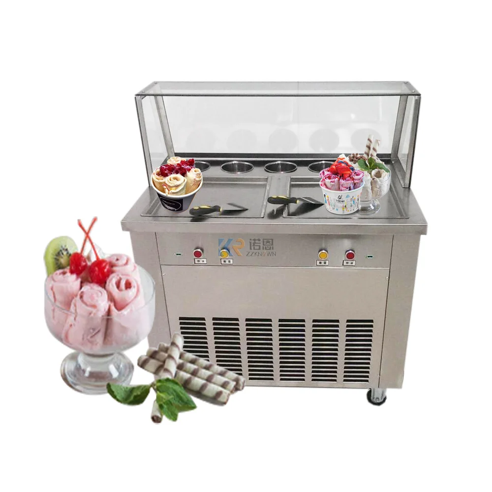 

Commercial Fried Yogurt Machine Fry Ice Machine Thailand Double Square Pans Fry Ice Cream Roll Machine With 5 Material Barrels