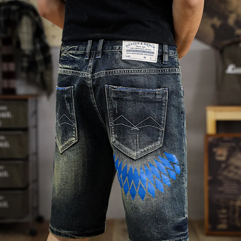 Retro Washed Distressed Scrape Denim Shorts Men's Summer New 2024 Fashion Printed Design Slim Ripped Cropped Pants