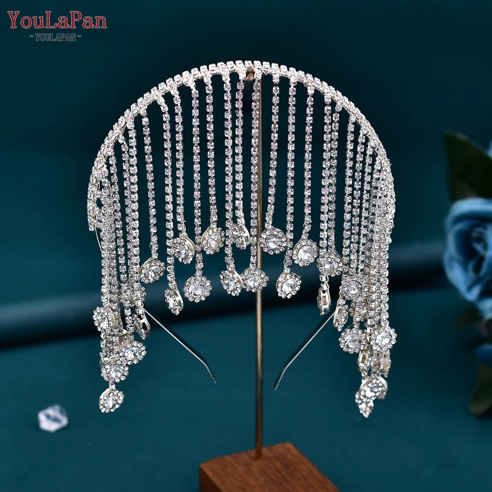 TOPQUEEN Wedding Tassel Headband Forehead Drill Chain Tiara Hair Accessories Bride Headpiece for Party Bridesmaid Gift HP558