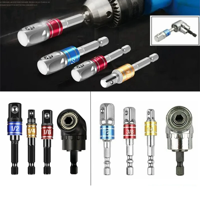 

Krachtige 4Pcs 1/4" 3/8" 1/2" Socket Adapter Bits Hex Shank 1/4" 105 Degree Right Angle Drill Impact Grade Driver Power Tools