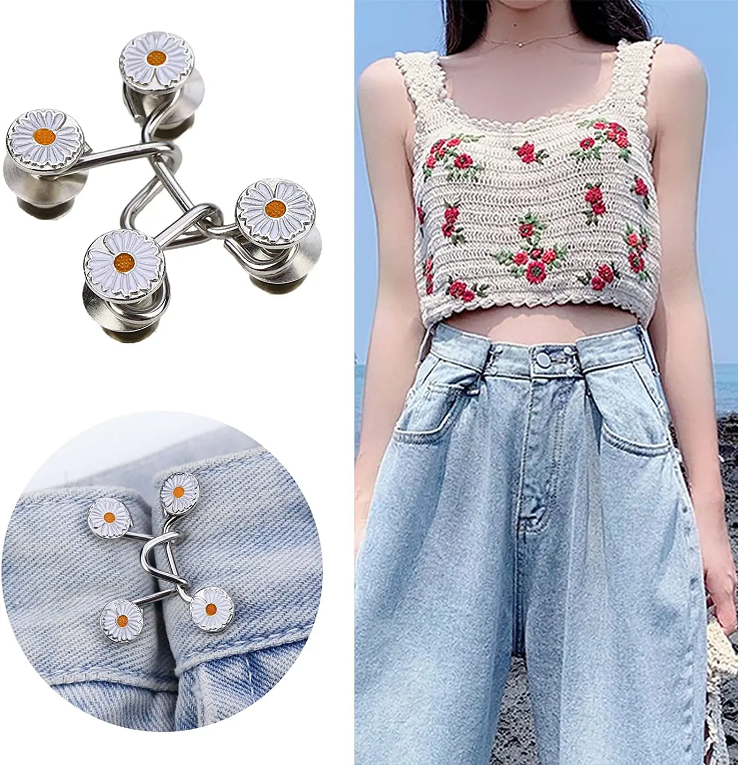 Daisy Button Pins for Jeans Adjustable Jean Buttons Pins Pant Waist  Tightener Detachable Buttons for Jeans to Make Smaller Daisy Jean Buttons  for Loose Jeans Button Waist Adjuster for Pants Skirts 