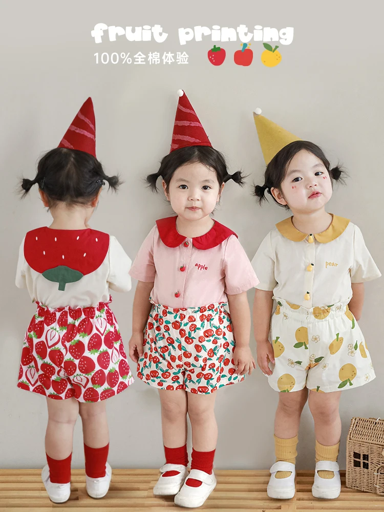 

Girls' Shirt Cute Fruit Doll Neck Contrast Short Sleeve Baby Summer Cartoon Shorts Set Fashion