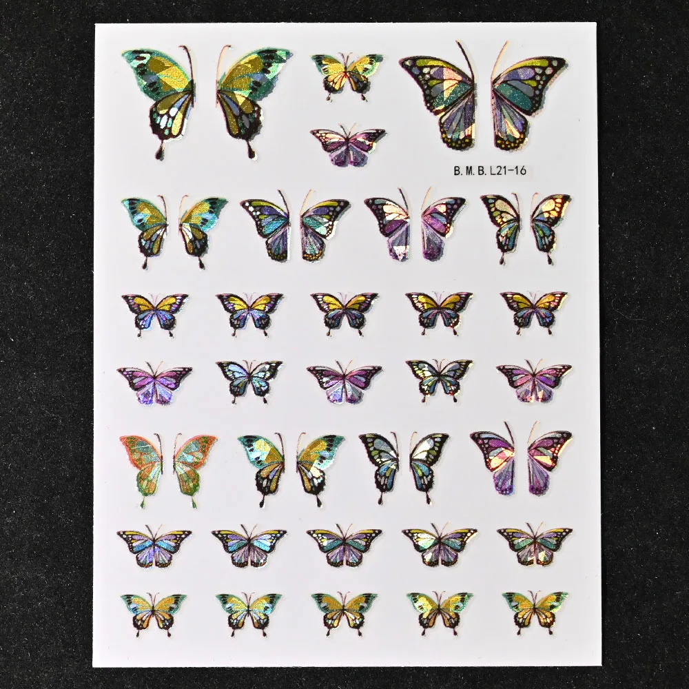 12pcs 3D 네일 스티커 데 칼 패턴 다채로운 레이저 나비 꽃 스티커 셀프 접착 디자인 네일 아트 장식 MA31
