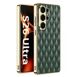 Ultra - Thin Electroplated Gold Border Frosted Leather Pattern Case with Diamond Grid Design - Galaxy S26 Ultra (Green)