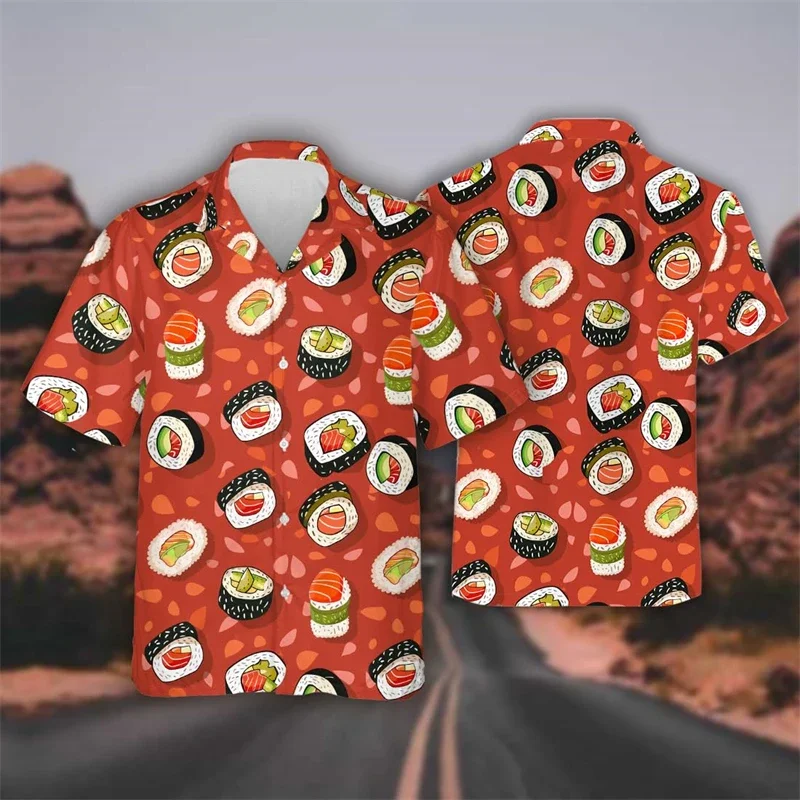 Hawaiian Delicious Fast Food Bento Sushi Shrimp Graphics Women's Beach Shirt Hip Hop Rice Ball Lapel Shirt Men's Top Shirt 5