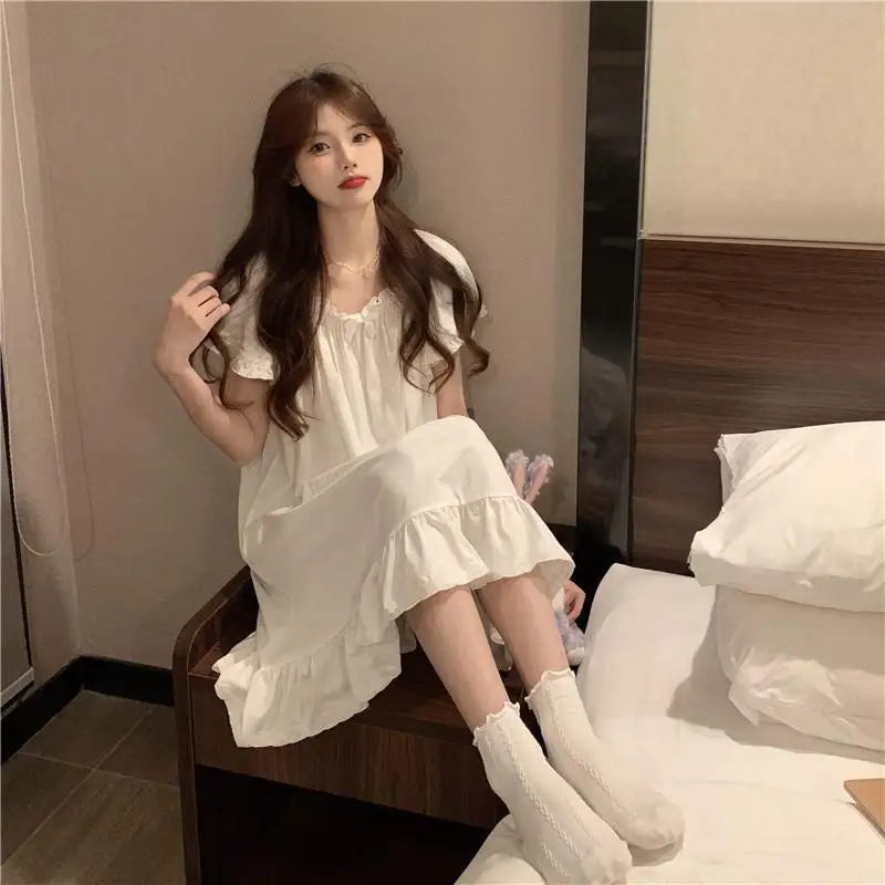 Women Nightgowns Loose Nightdress White Sleepdress Sleepshirt Home Clothes Nightwear Short Sleeve Sleepwear Soft O-Neck Homewear fdfklak summer nightgowns new modal long dress short sleeve loose v neck sleepshirt female fat mm large size nightdress women