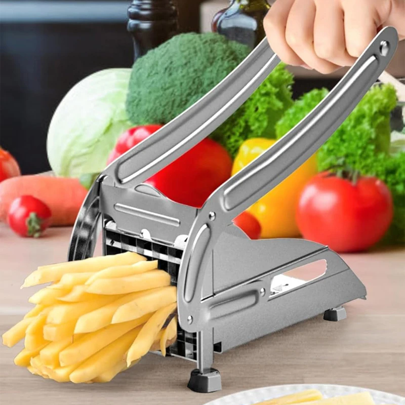French Fry Cutter Stainless Steel Manual Potato Slicer with 2 Blades