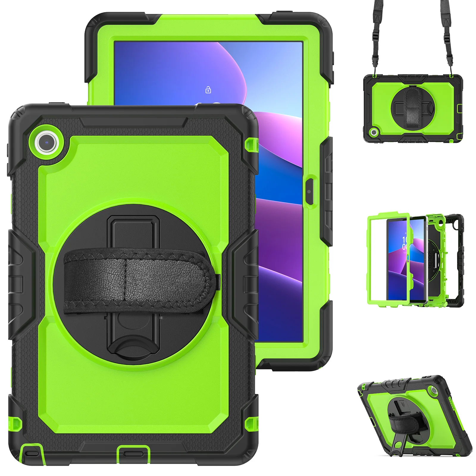 Rugged Armor Tablet Case with Screen Protector and Rotating Stand - Heavy Duty Cover with Shoulder Strap