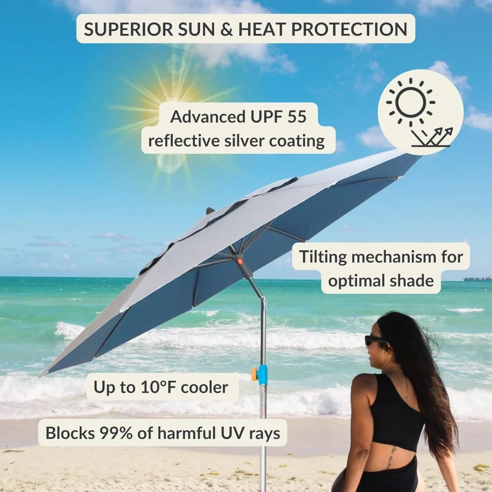 Umbrella & Anchor System, Large 7ft Silver Coated UPF50+ Canopy, 10 Second Installation, Wind Resistant, Durable 3