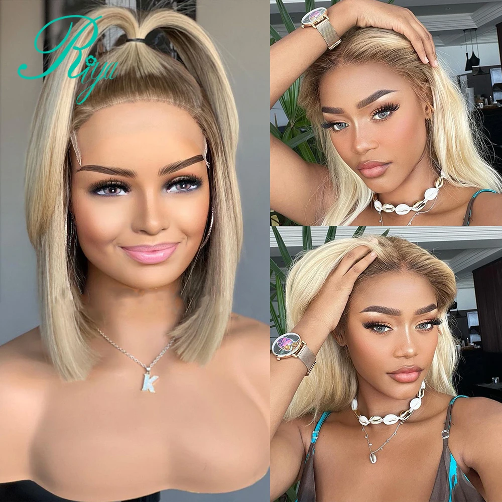 4T613 Honey Blonde Ombre 613 Color 150% 4x4 Lace Closure Wig Short Pixie Bob Cut Straight 13X4 Lace Front Human Hair Wigs Riya