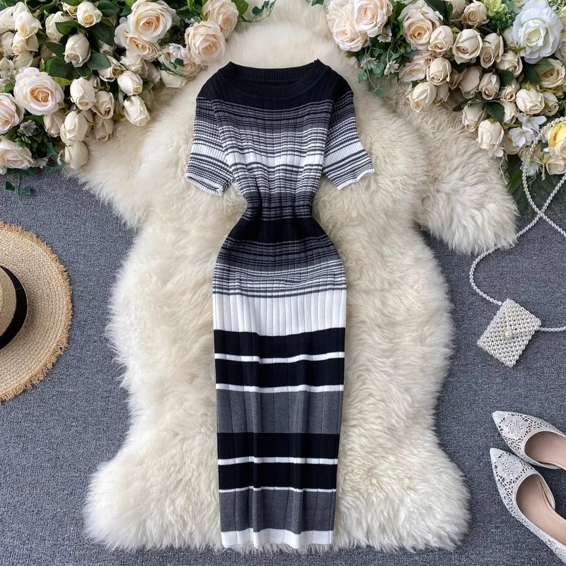 YuooMuoo Lady Stripes Knitted Bodycon Office Dress Summer Slim Elastic Sexy Package Hips Party Dress Women Outfits Vestidos 5