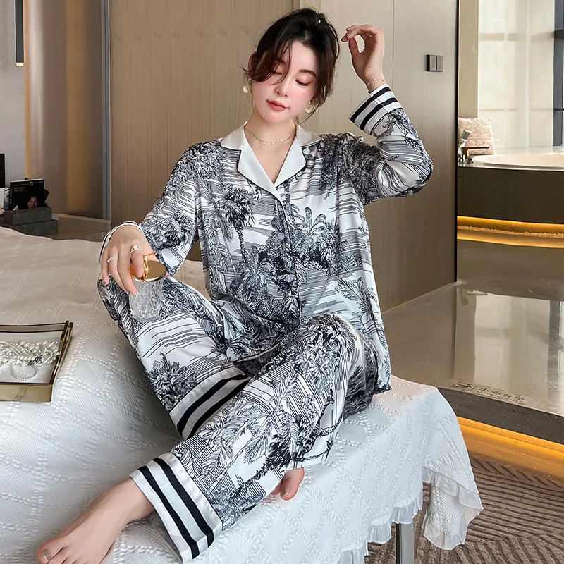 

Women 2PCS Pajamas Set Long Sleeve Pijamas Suit Print Painting Sleepwear Rayon Trouser Suits Intimate Lingerie Casual Homewear