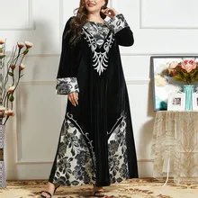 

Women Muslim Dress Mid-east Fashion Long Sleeve Embroidery Floral Patchwork Pullover Round Neck Loose Spring Fall Ladies Dress