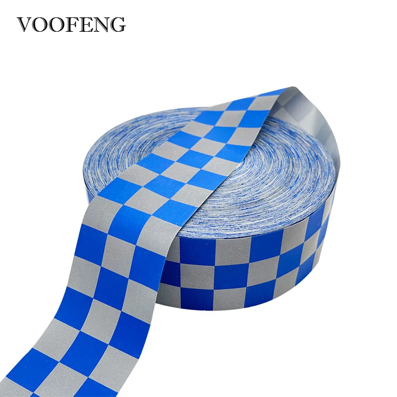 VOOFENG Blue Check Printed High Intensity Polyester Reflective Fabric Sewing on Policeman Workwear Clothes Warning Tape
