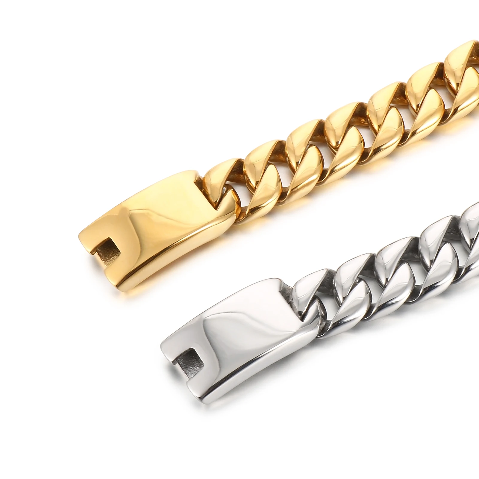 12mm Shiny Cuban Chain Bracelet & Necklace Jewelry Set - Stainless Steel 316L - Silver/Gold Color - KB23389-D