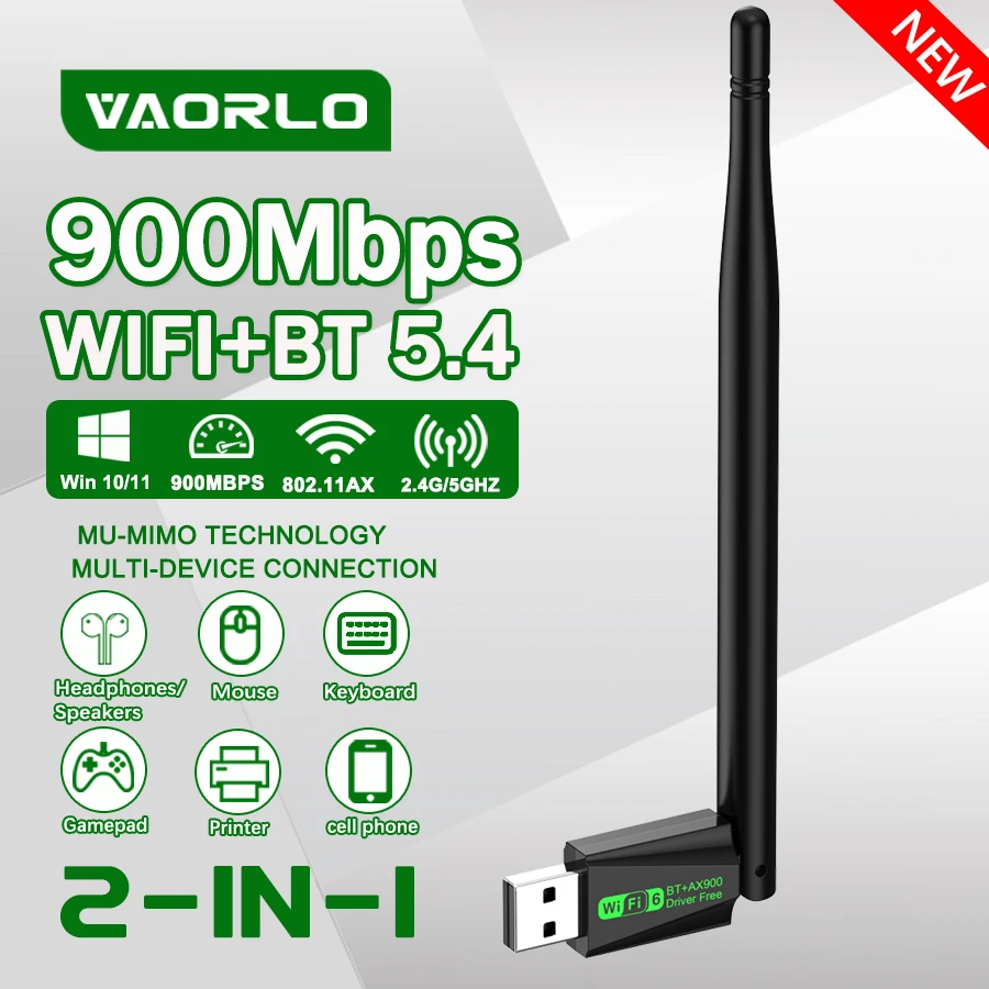 새로운 WiFi 6 900Mbps Bluetooth 5.4+ WiFi USB 무선 네트워크 카드 어댑터(2.4G+5GHz) 802.1AX 듀얼 밴드 Wi-Fi 수신기(PC/노트북 Win10/11 드라이버 불필요), MU-MIMO 다중 장치 연결 지원