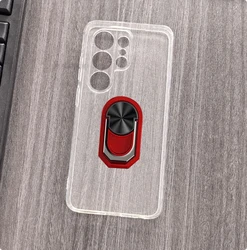 Silicone Back Finger Ring Case with Bracket for Smartphone - Soft TPU Protective Phone Cover (Transparent C Red)