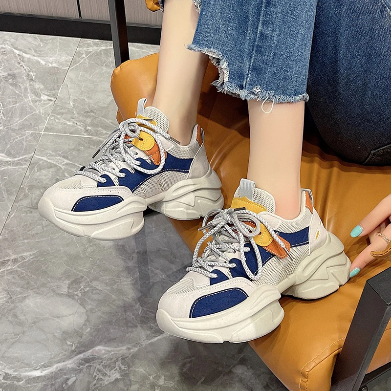 

Women Chunky Leather Sneakers Platform Ulzzang Sports Shoes Summer Thick Bottom Women's Breathable Mesh Wedges Casual Shoes 5CM
