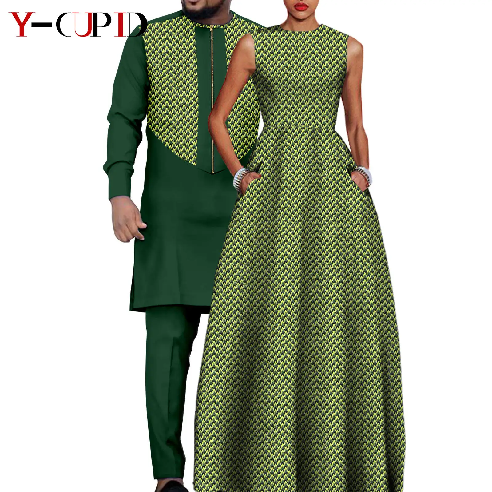 Dashiki Couple Outfit Set – Women’s African Dress with Men’s Bazin Riche Top and Pants main image 0