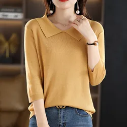 Spring Autumn New Women Half-sleeved Sweater Doll Collar Slim Wool Cotton Blend Pullover Both Sides Be Worn Knitted Base Sweater