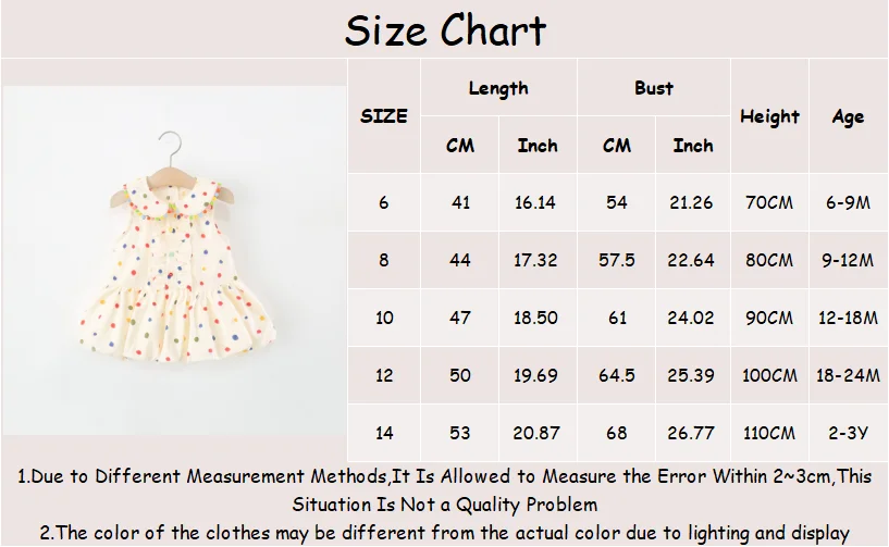 Babykleider, Sommerkleid aus Baumwolle, farbig, gepunktet, ärmellos, Babykleid für Mädchen, Cartoon, niedlich, lässig, Babykleidung für Mädchen – Detail 1