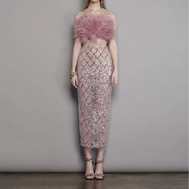 

2023 Pink Women Sexy Shinning Sequines Feathers 2 Two Pieces Strapless Bodycon Maxi Celebrate Cute Birthday Party Outfit Vestido