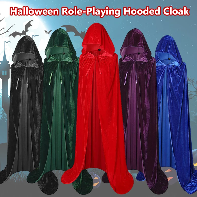 

Medieval Halloween Hooded Cloak Cape Velvet Adult Cosplay Masquerade Party Witch Elf Wicca Vampire Costumes Robe XL