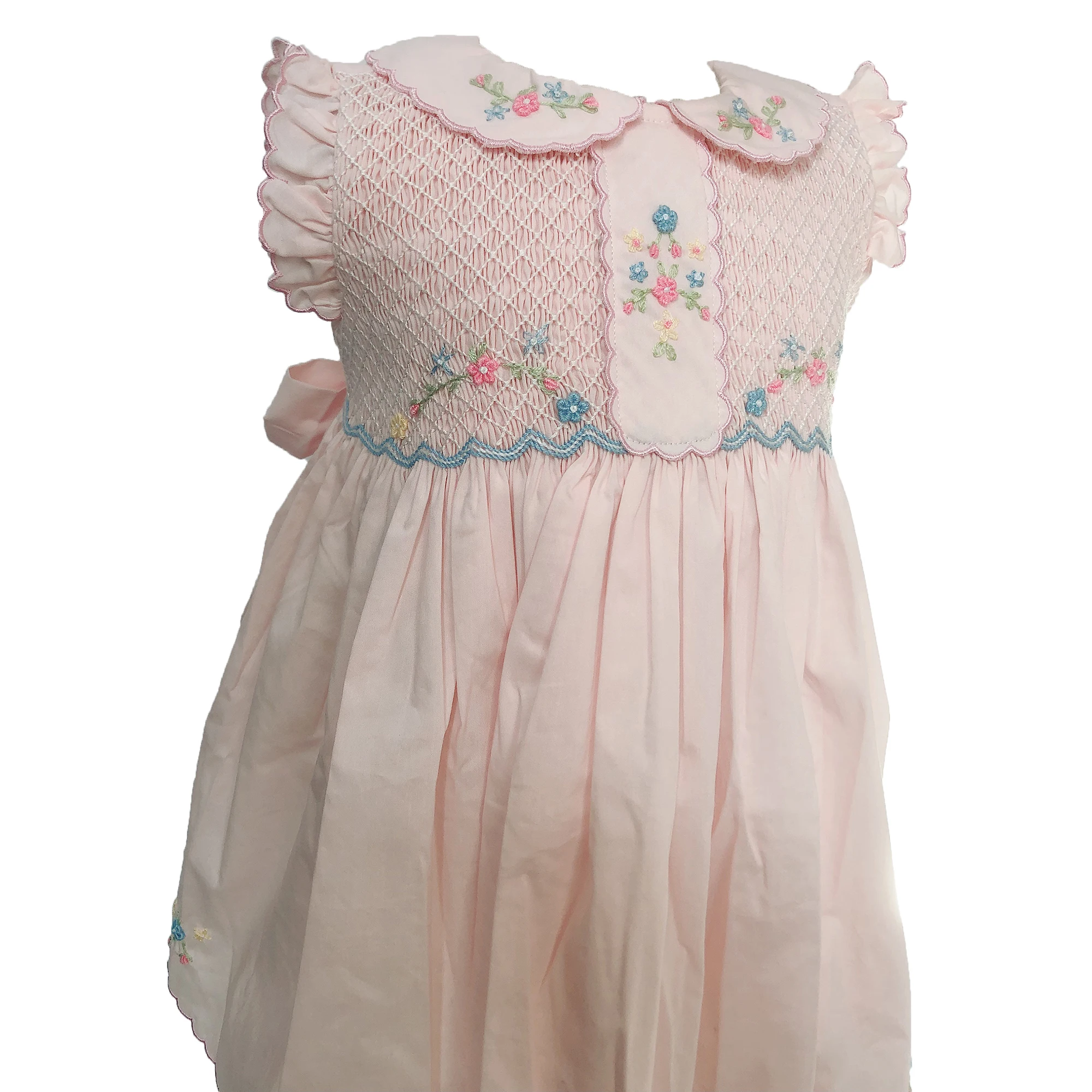Girls Smocked Dress Classic Pink Cotton Flower Embroidery Handmade 18m-8T Vintage Princess Dress Children Boutique Clothing 4