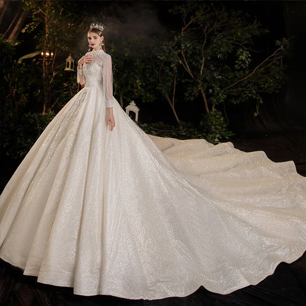 

O-Neck Open Back Long Sleeve Appliques Beading Shiny Princess A-Line Wedding Dresses With Chapel Train