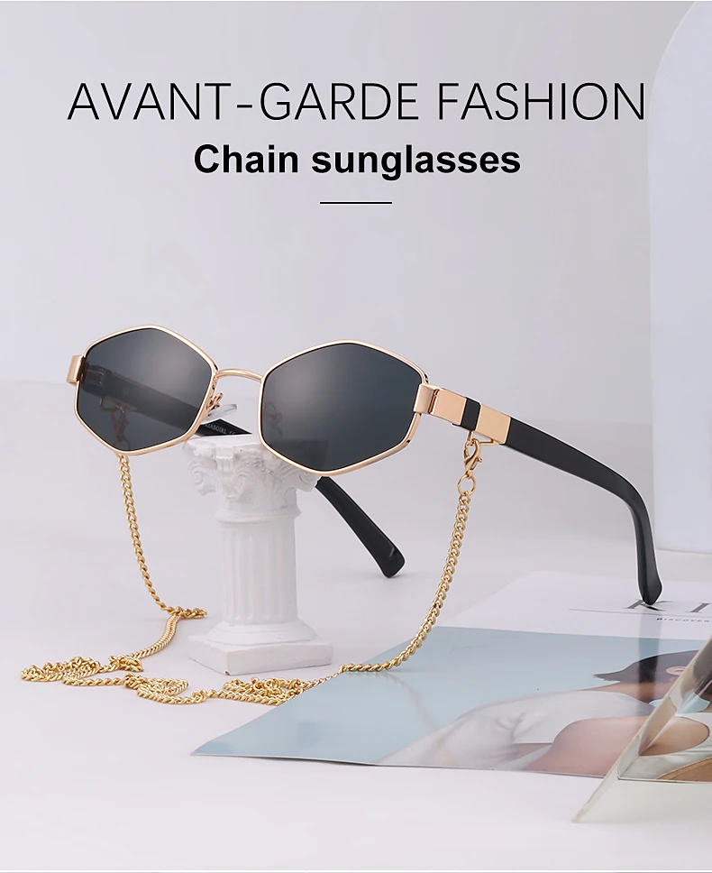 Mode kleine unregelmäßige Sonnenbrille Frauen Luxusmarke Designer trend ige polygonale Sonnenbrille Damen mit Metall brillen kette – Detail 1