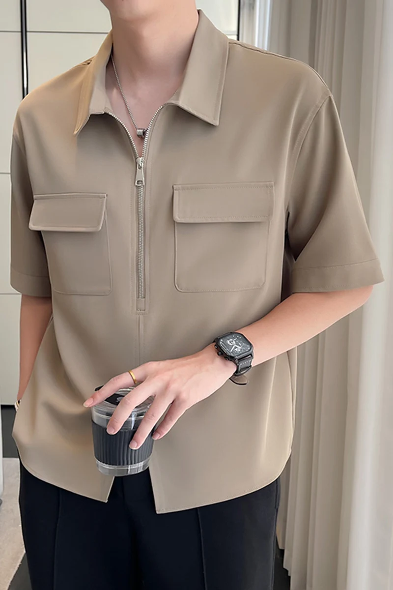 2023 Summer Pocket Zipper Design Short Sleeve Shirt Men