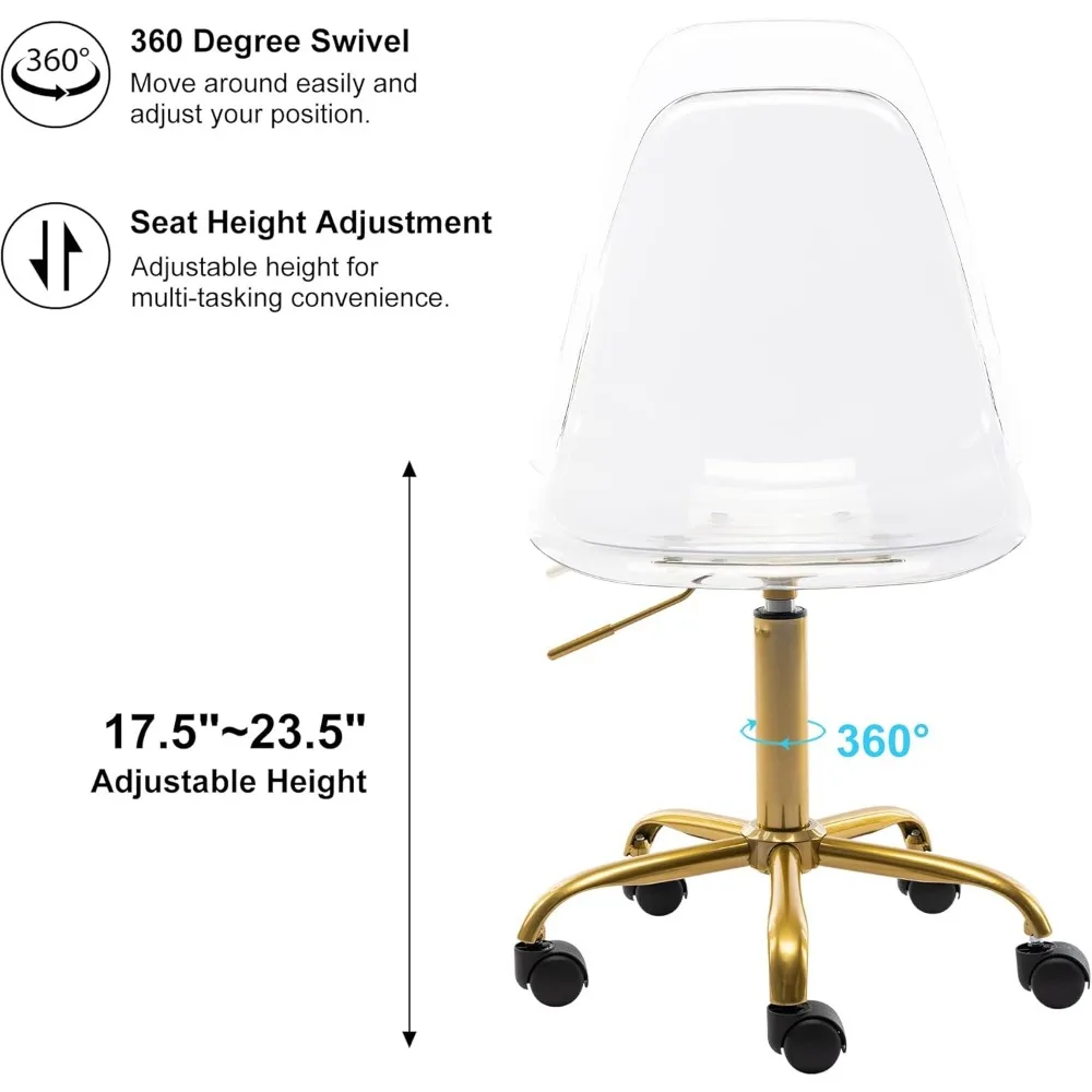 Clear Desk Chair, Acrylic Rolling Armless Vanity Swivel Height Adjustable Ghost Molded Plastic Home Office Chairs with 3