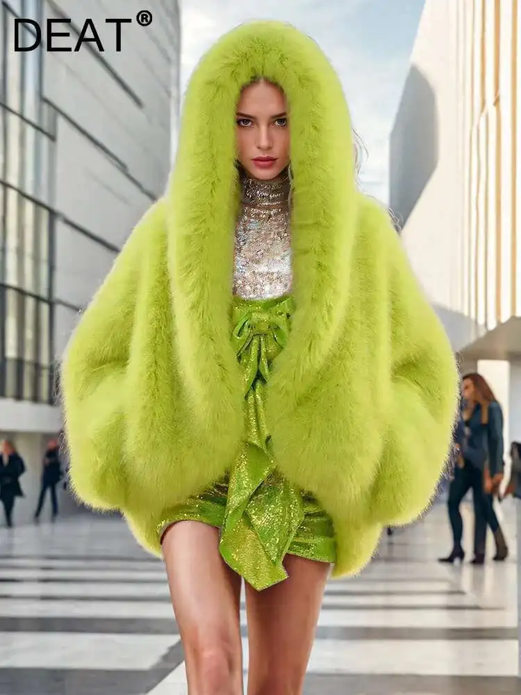 女性用フード付きフェイクファーコート,ぬいぐるみジャケット,長袖,緑