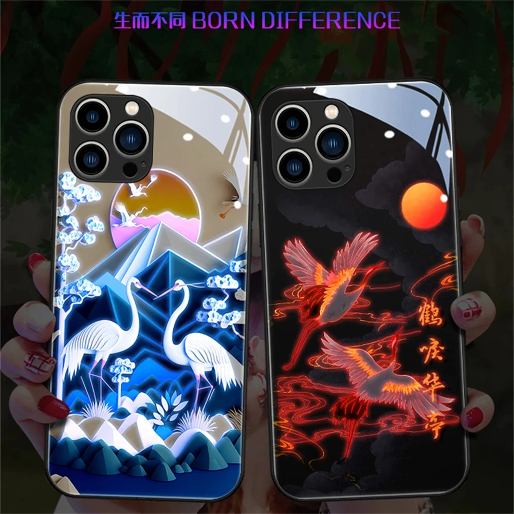 

Red-Crowned Crane Design Sound Control LED Flash Cases For iPhone 15 14 13 12 11 Pro Max X XR XS SE2020 7 8 Plus Light Up Cover