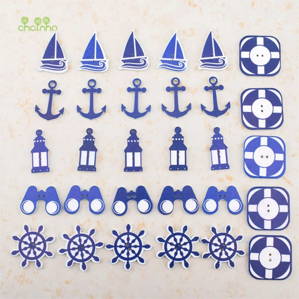 Chainho,Wooden Buttons,2 Holes,Blue Marine Style,DIY Sewing & Quilting Accessories,For Clothes,Bags,Sweaters,60 Pieces,B08