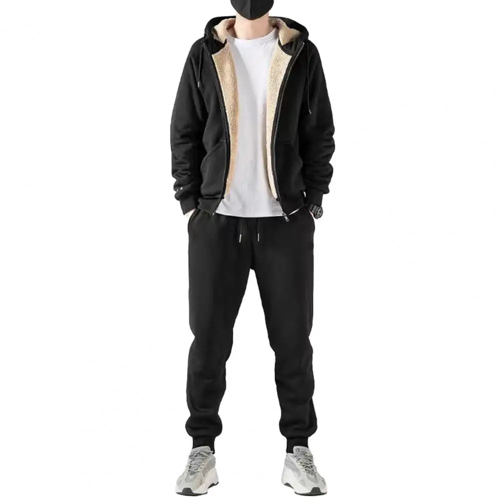

Men Hooded Sportswear Men's Plush Hooded Tracksuit Set with Elastic Waist Zipper Closure Warm Winter Coat Pants Suit with Long