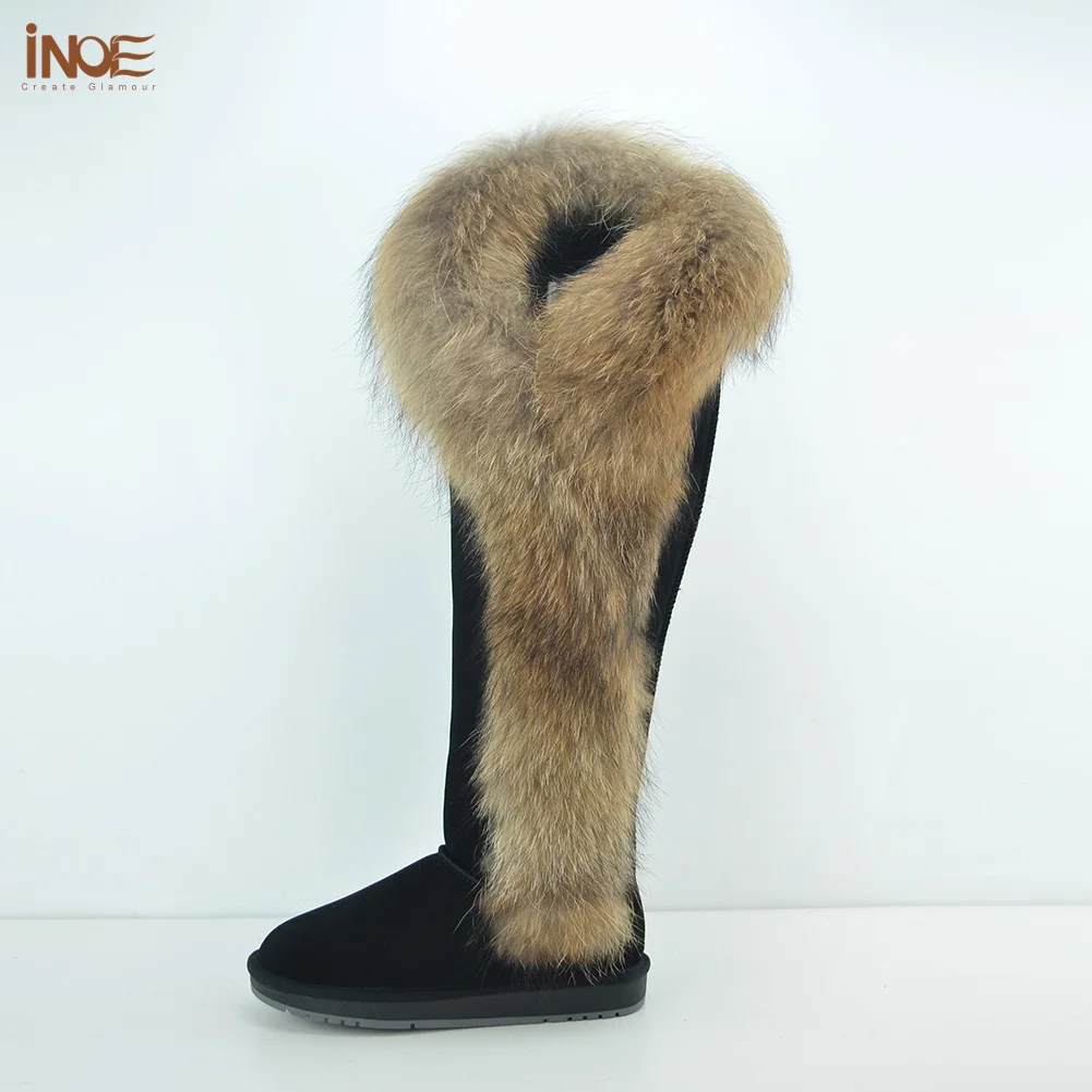 INOE Natural Fox Fur Cow Suede Leather Over the Knee Long Winter Boots for Women Snow Boots Warm Shoes High Quality Black 35-44
